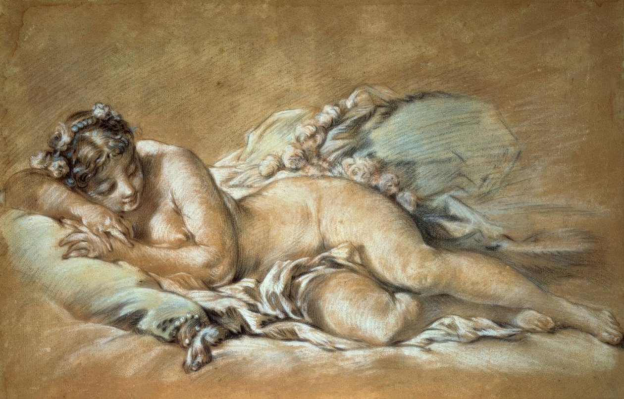 Een slapende jonge vrouw door François Boucher