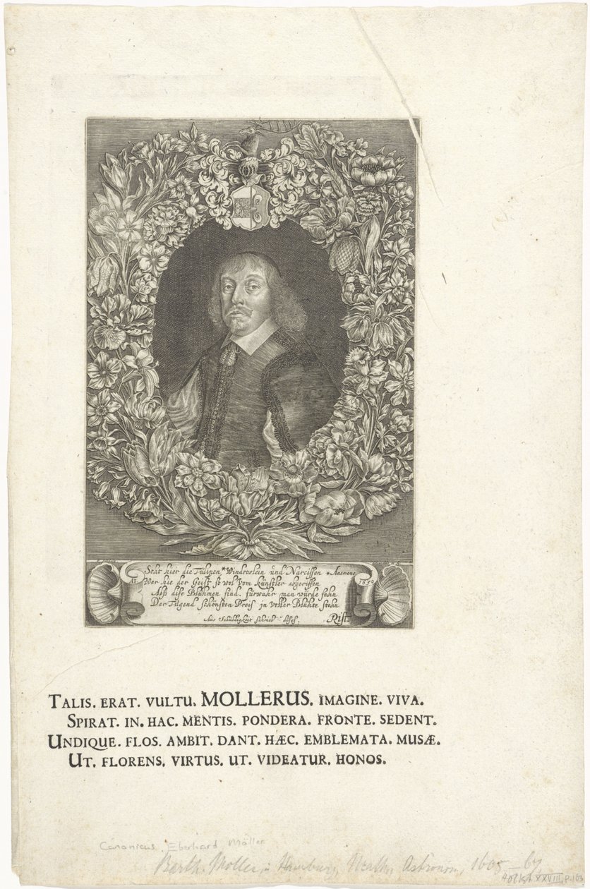 Gravure van het portret van Barthold Moller, advocaat en burgemeester van Hamburg (1643-1667) door François Stuerhelt