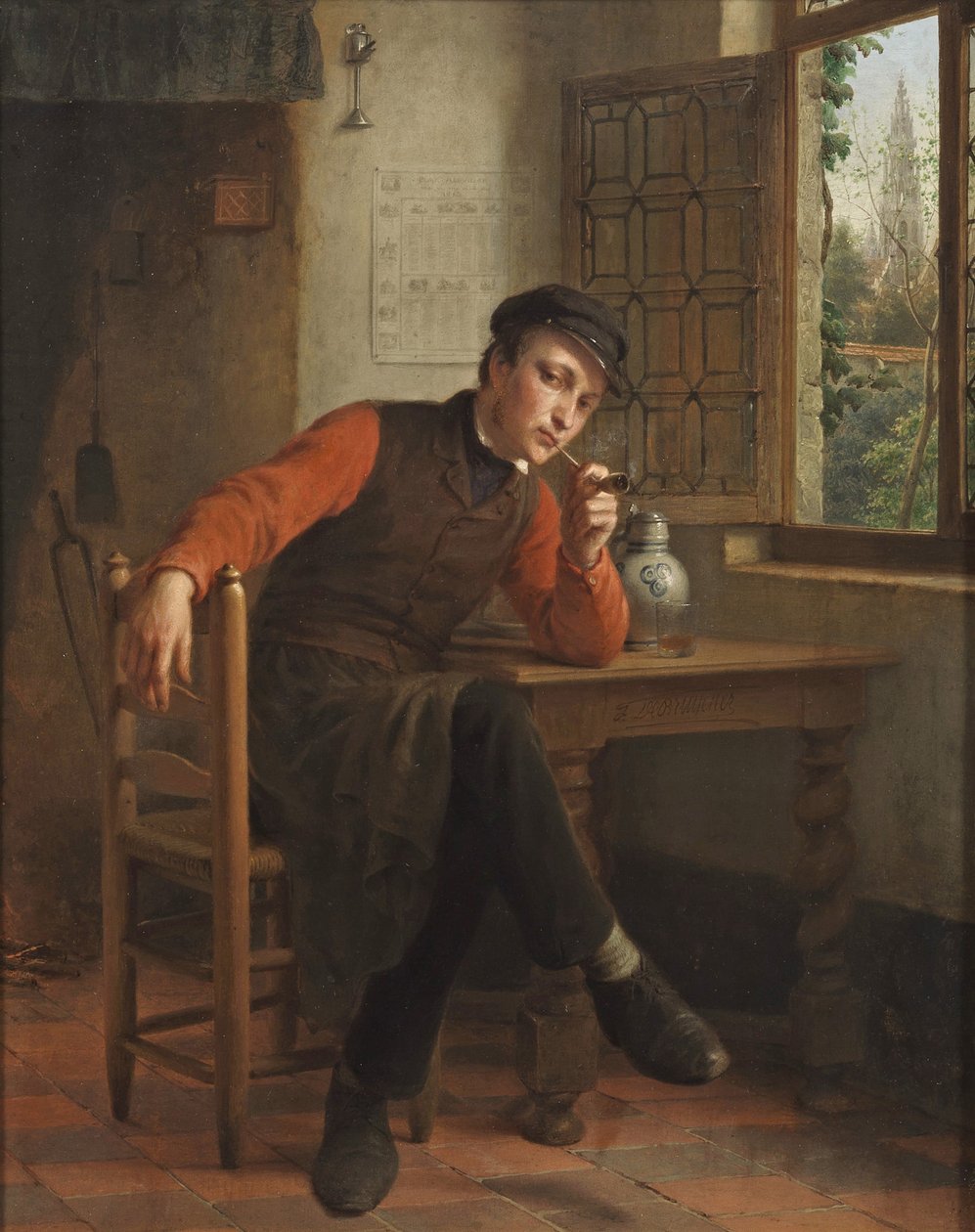 François Antoine De Bruycker - Jonge man rookt pijp in saloninterieur door François Antoine de Bruycker