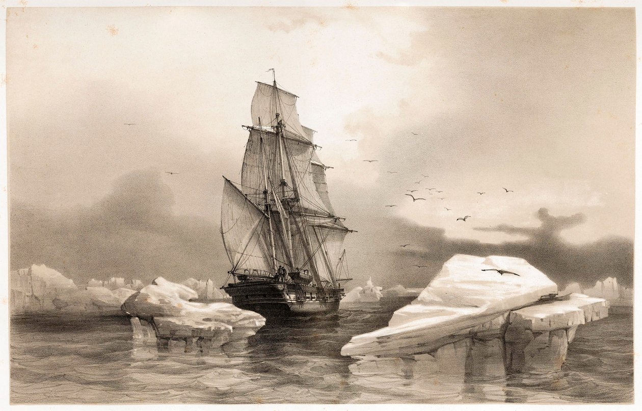 Korvet La Recherche bij Bereneiland op 7 augustus 1838, uit Voyages en Scandinavie, 1852 door François Auguste Biard