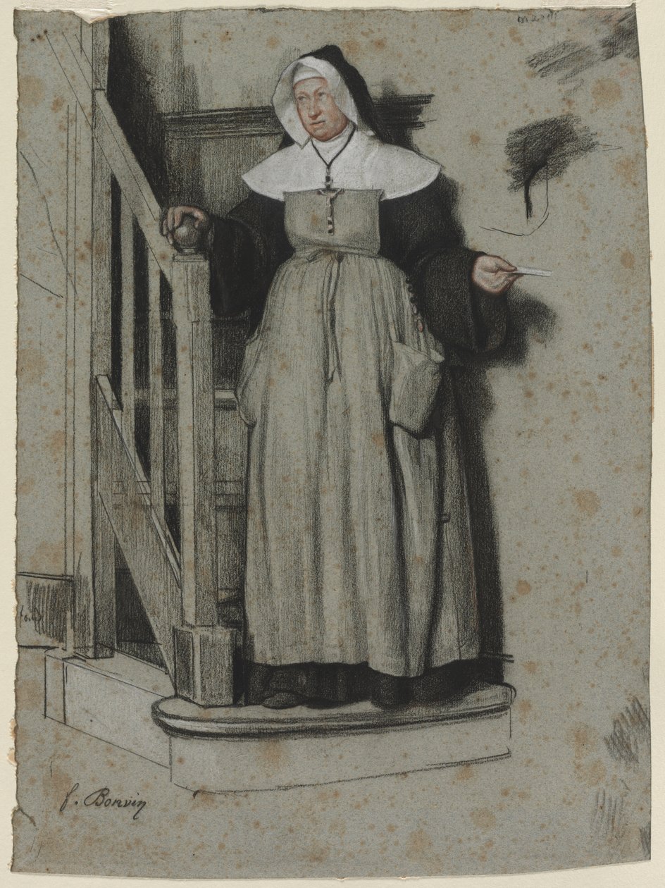 De toelatingsbrief, interieur van een klooster, ca. 1867 door François Bonvin