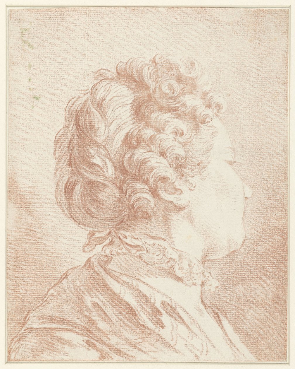 Naar rechts ziend dameshoofd met een kanten halskraagje door François Boucher (possibly)