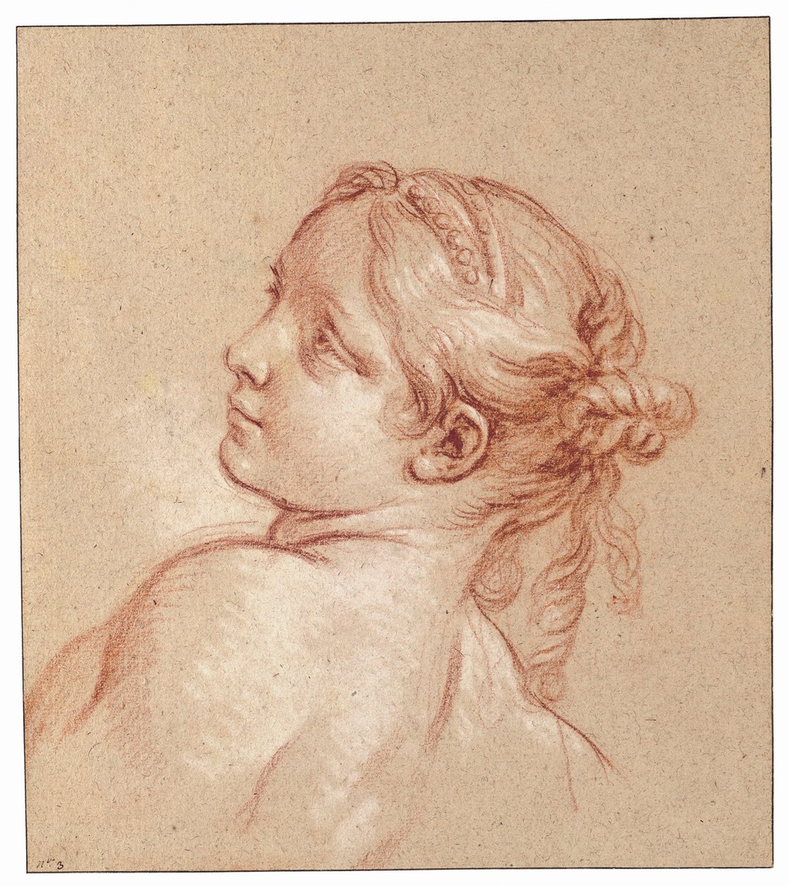 Een meisje, buste-lengte, haar hoofd naar links gekanteld door François Boucher