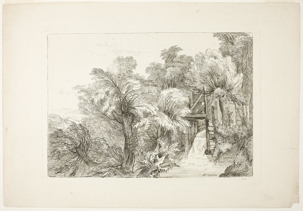 Een molenslot te midden van wilgen, plaat 97 uit figuren van verschillende karakters, landschappen en natuurstudies door François Boucher