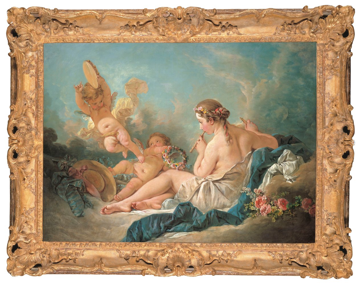 Een liggende nimf die fluit speelt met putti, misschien de muze Euterpe, 1752 door François Boucher