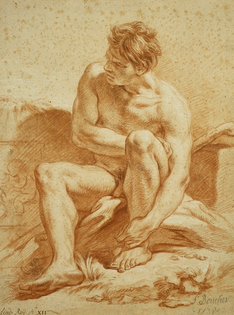 Een zittende naakte met een staf, een reliëf met putti links door François Boucher
