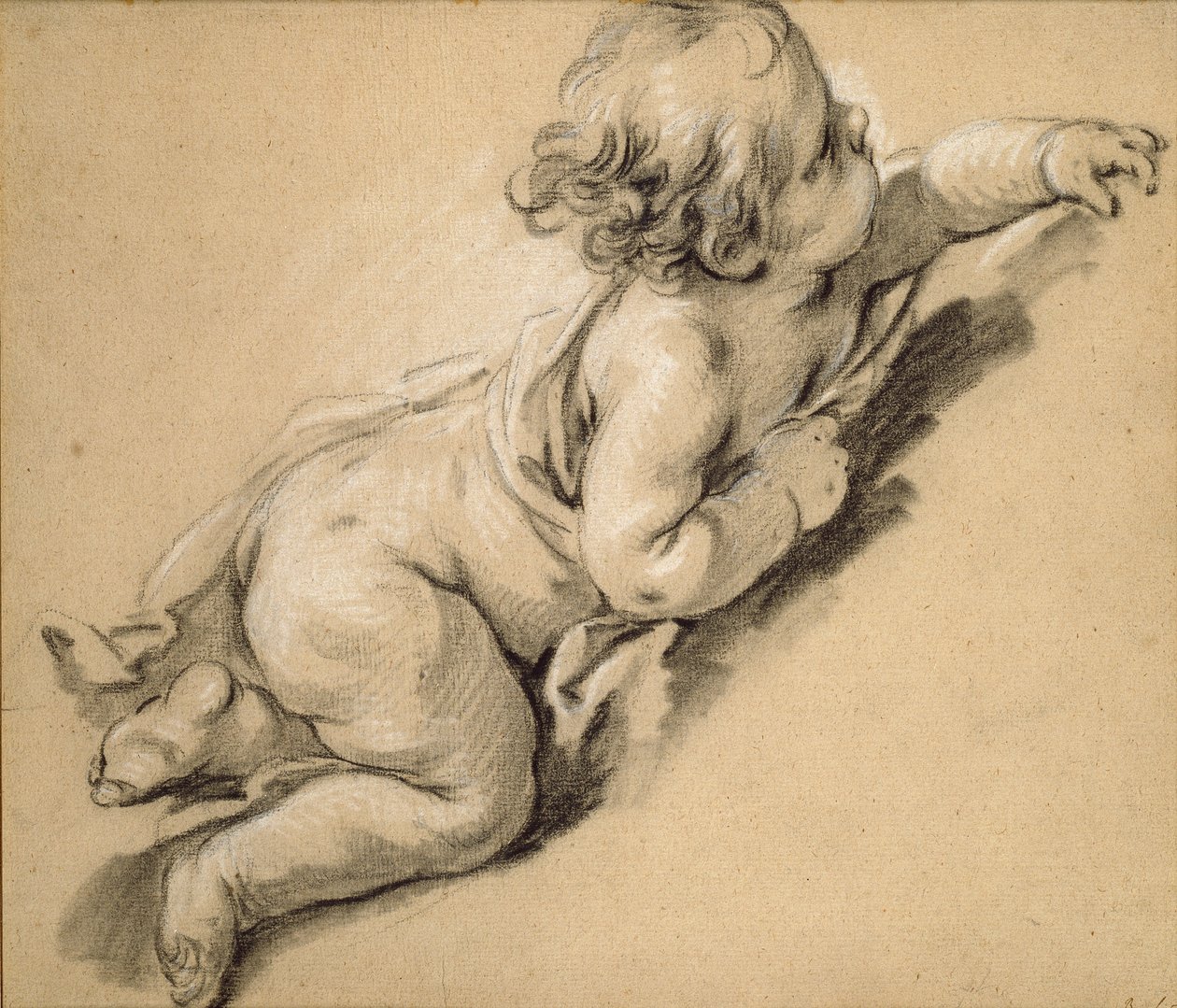 Een putto liggend naar rechts, midden 18e eeuw door François Boucher