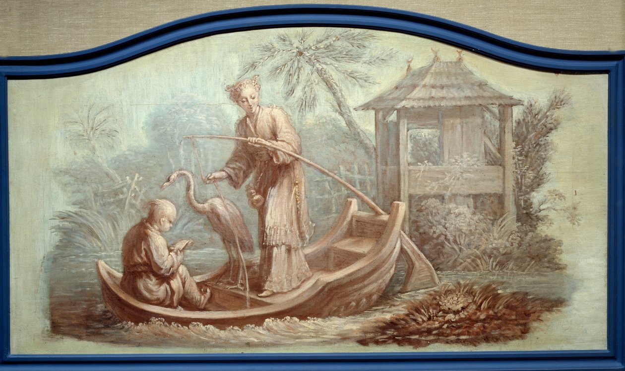 Chinoiserie: Scène van vissen in China. Front de porte getekend door Francois Boucher (1703-1770) door François Boucher