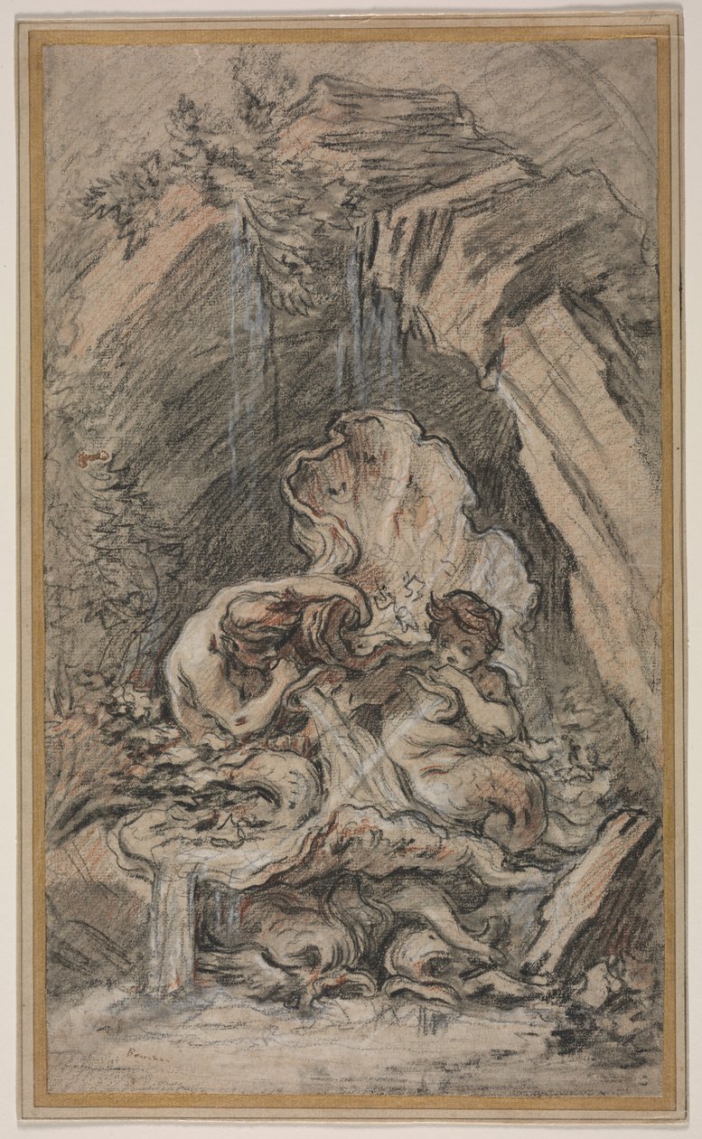 Fontein met Twee Tritons die Schelphoorns Blazen, c. 1736 door François Boucher