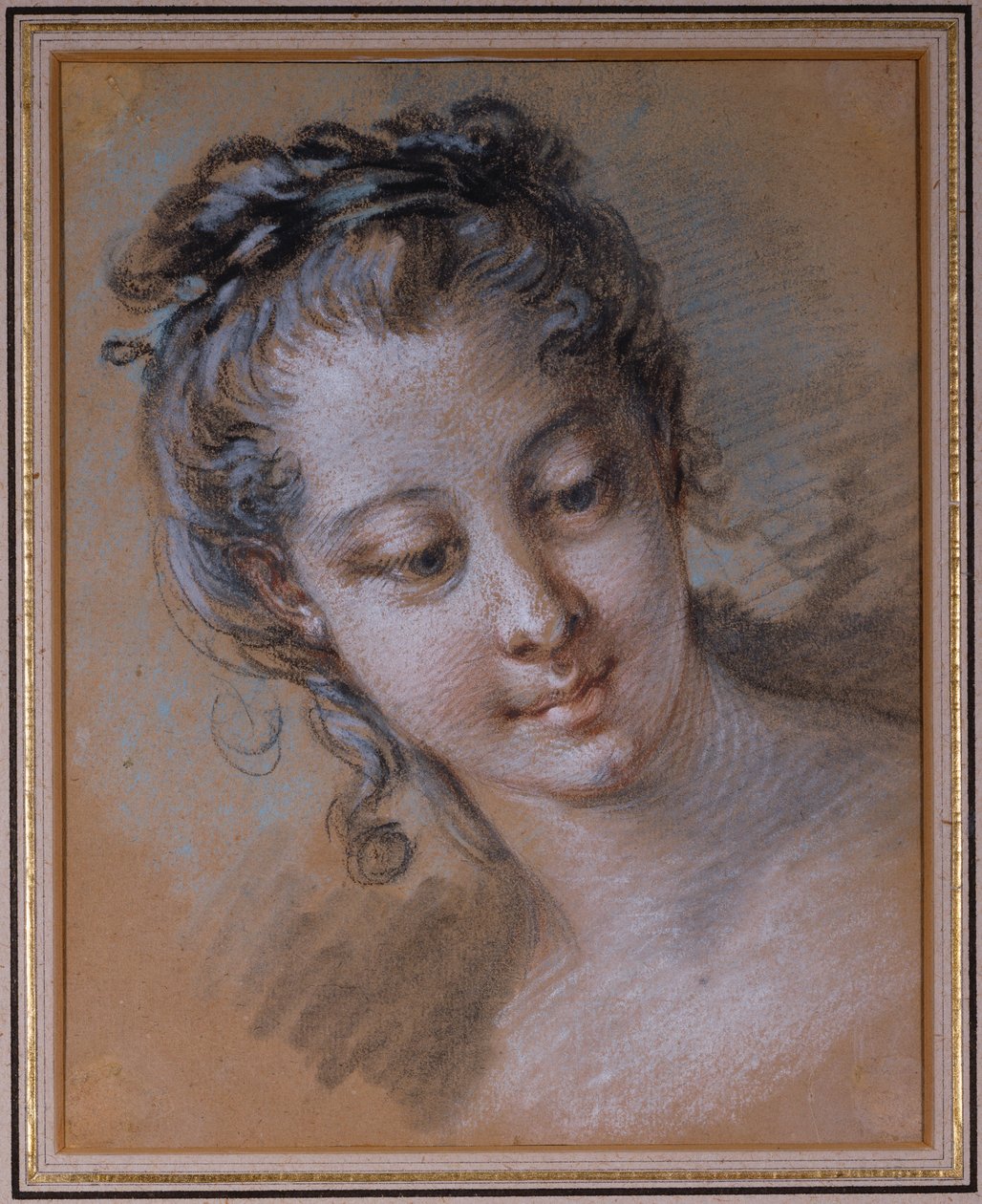 Hoofd van een Jong Meisje, Kijkt naar Beneden naar Rechts door François Boucher