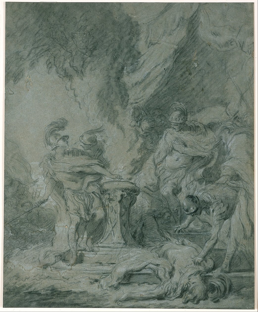 Mucius Scaevola steekt zijn hand in het vuur door François Boucher