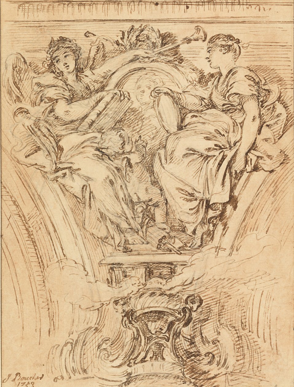Spandrel Decoratie:  Roem en waarheid bejubelen Louis XV door François Boucher