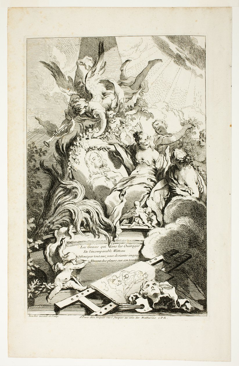 De Gratiën op het graf van Watteau door François Boucher