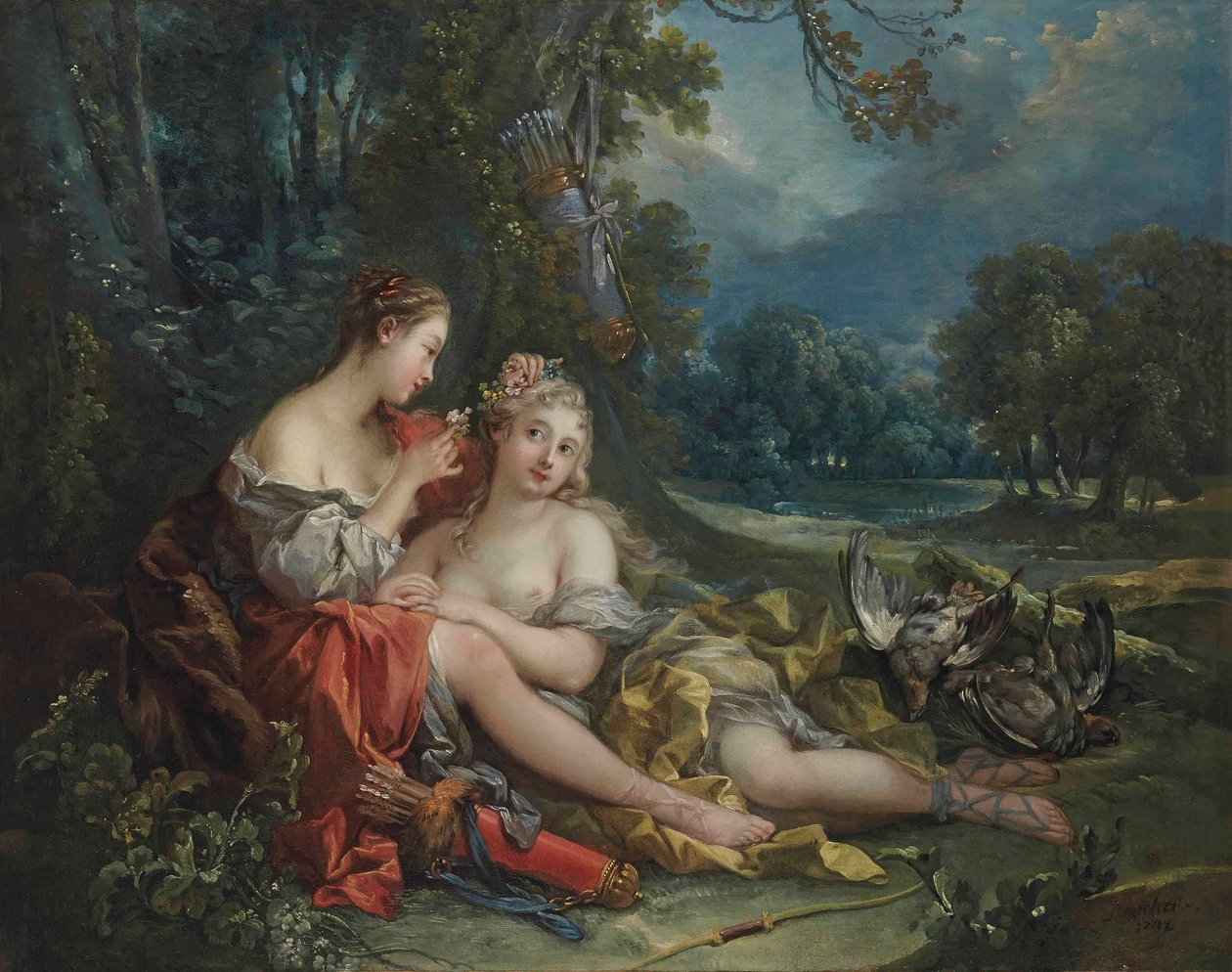 Twee Nimfen van Diana rusten uit na hun terugkeer van de jacht door François Boucher