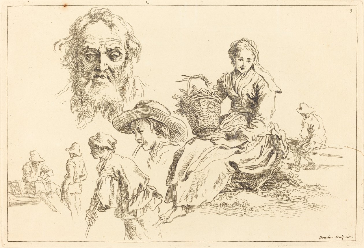 Figurenstudies inclusief Baardgezicht van een Oude Man door François Boucher after Abraham Bloemaert