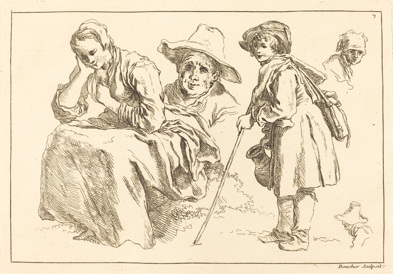 Figurenstudies inclusief staande jongen met een kruik door François Boucher after Abraham Bloemaert