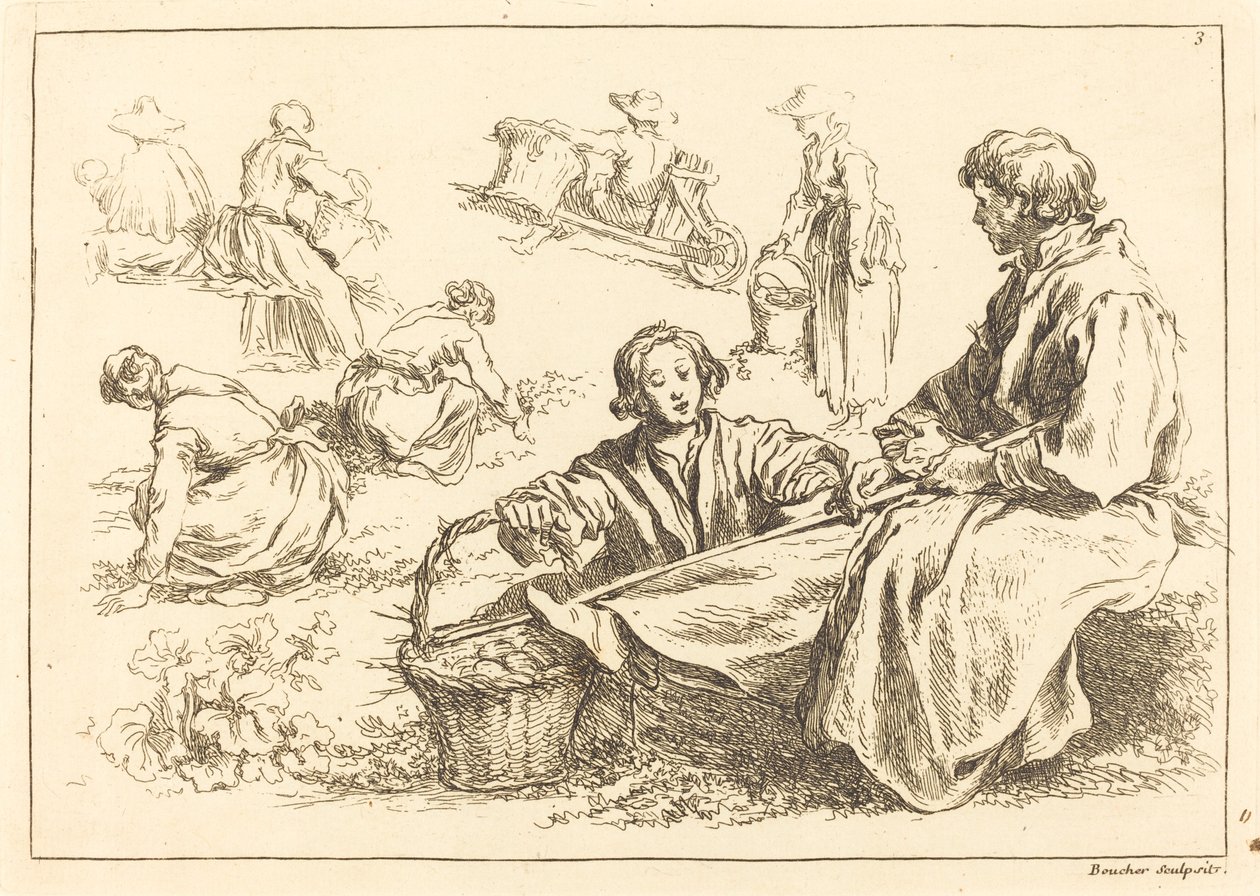 Figurenstudies inclusief Twee Zittende Boeren door François Boucher after Abraham Bloemaert