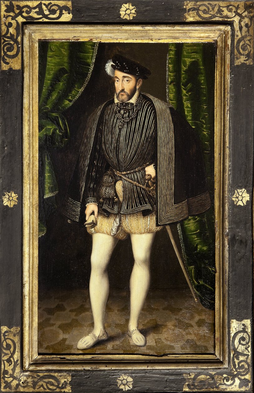 Portret van Hendrik II (1519-1559), zoon van Frans I en Claude van Frankrijk, koning van Frankrijk van 1547 tot 1559, schilderij van de werkplaats van Frans Clouet, gemaakt rond 1520-1572, verkleinde versie van het levensgrote portret door Frans Clouet. Fo door François Clouet