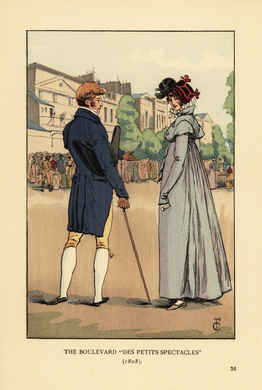 Modieus stel slentert op de Boulevard du Temple, Parijs. De Boulevard des Petits Spectacles door François Courboin