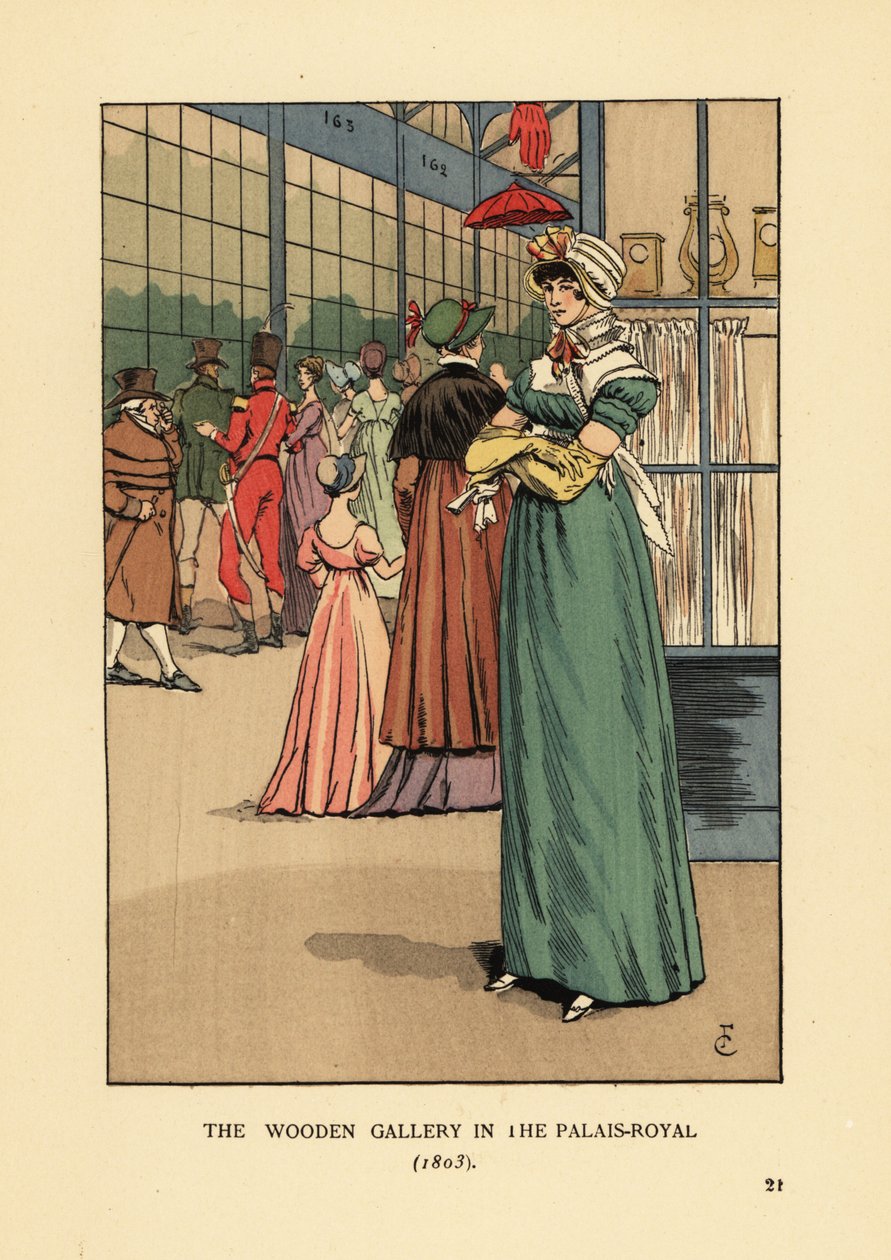 Modieuze vrouw winkelen in de Houten Galerij in het Palais Royal, Parijs door François Courboin