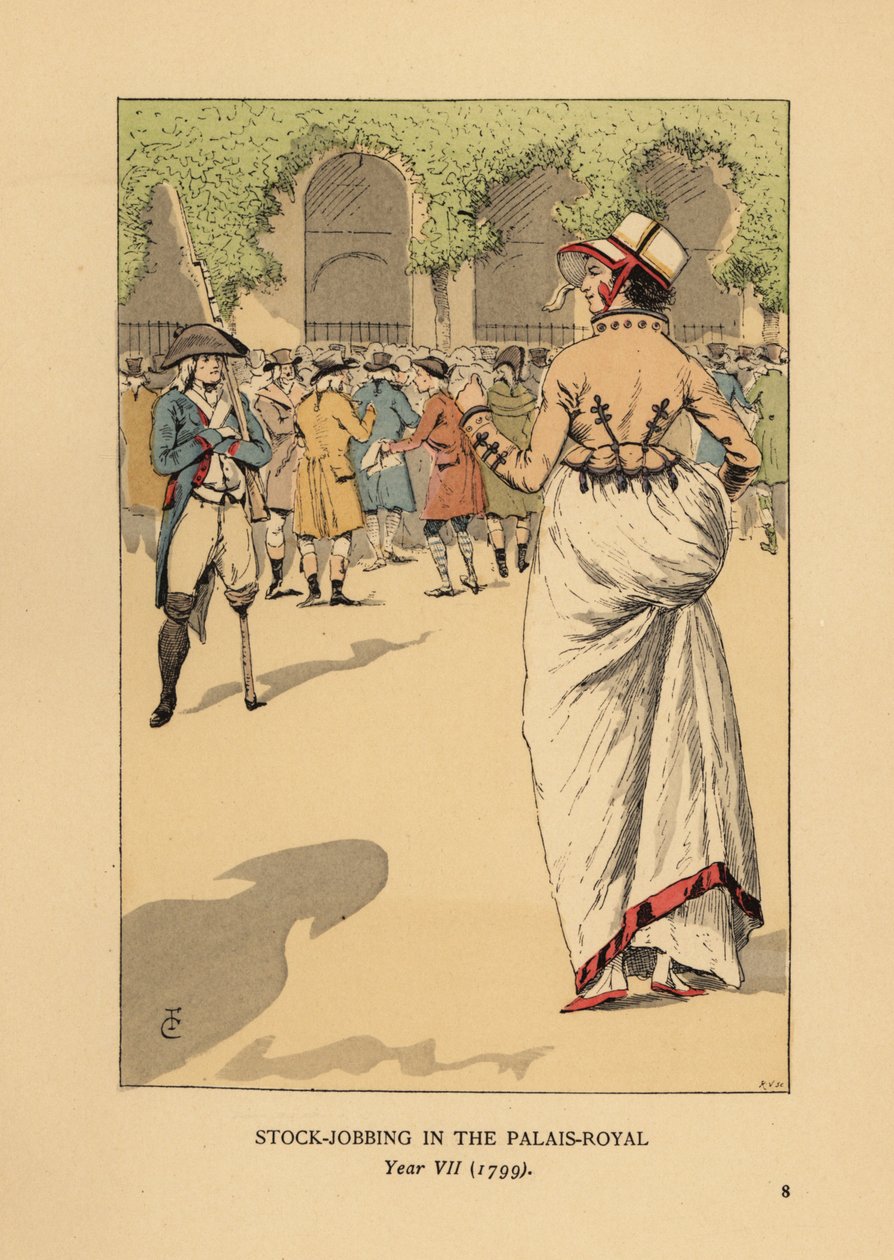 Modieuze vrouw met een groep speculanten of agioteurs, Parijs. Een eenbenige revolutionaire soldaat staat op wacht. Beursactiviteiten in het Palais Royal, Jaar VII door François Courboin