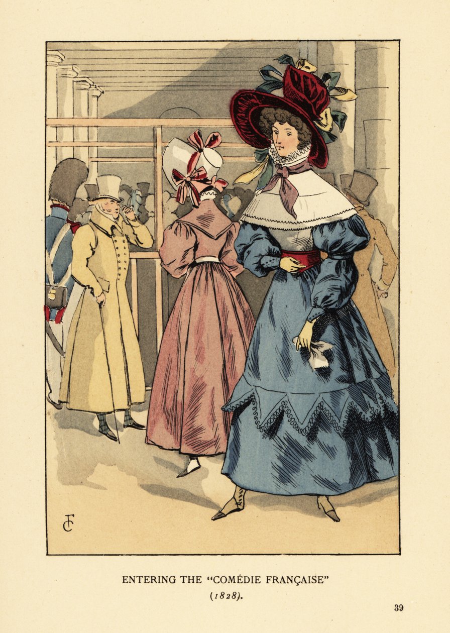 Modieuze vrouwen bij een toneelstuk, Parijs. Vrouw in grote hoed met linten, jurk met hoge kraag, kanten cape of pelerine en volle mouwen en beret. Binnenkomst bij de Comedie Francaise door François Courboin