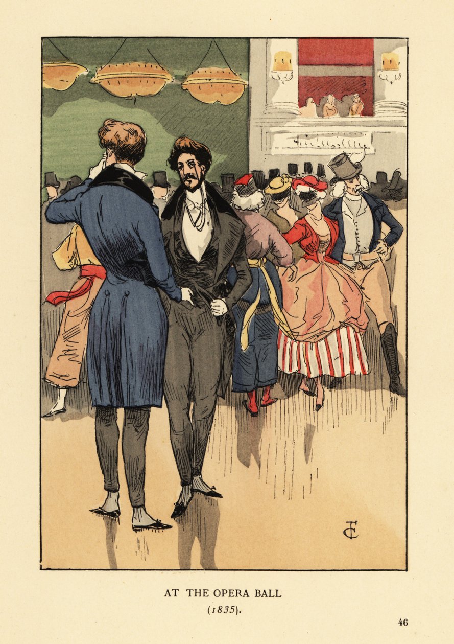 Fops in jas met staarten, vest, strakke broek en witte kousen. Mensen in kostuum en maskers achter hen. Op het Opera Bal 1835. Handgekleurde lithografie door R.V. naar een illustratie van Francois Courboin uit Octave Uzanne