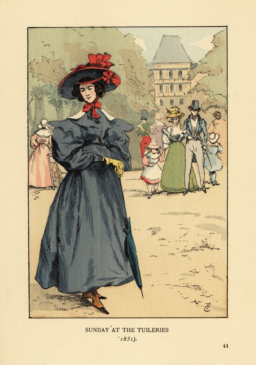 Vrouw flaneert in zondagse kleding in het park. Ze draagt een breedgerande hoed jurk met volle mouwen enkel laarzen en draagt een parasol. Zondag in