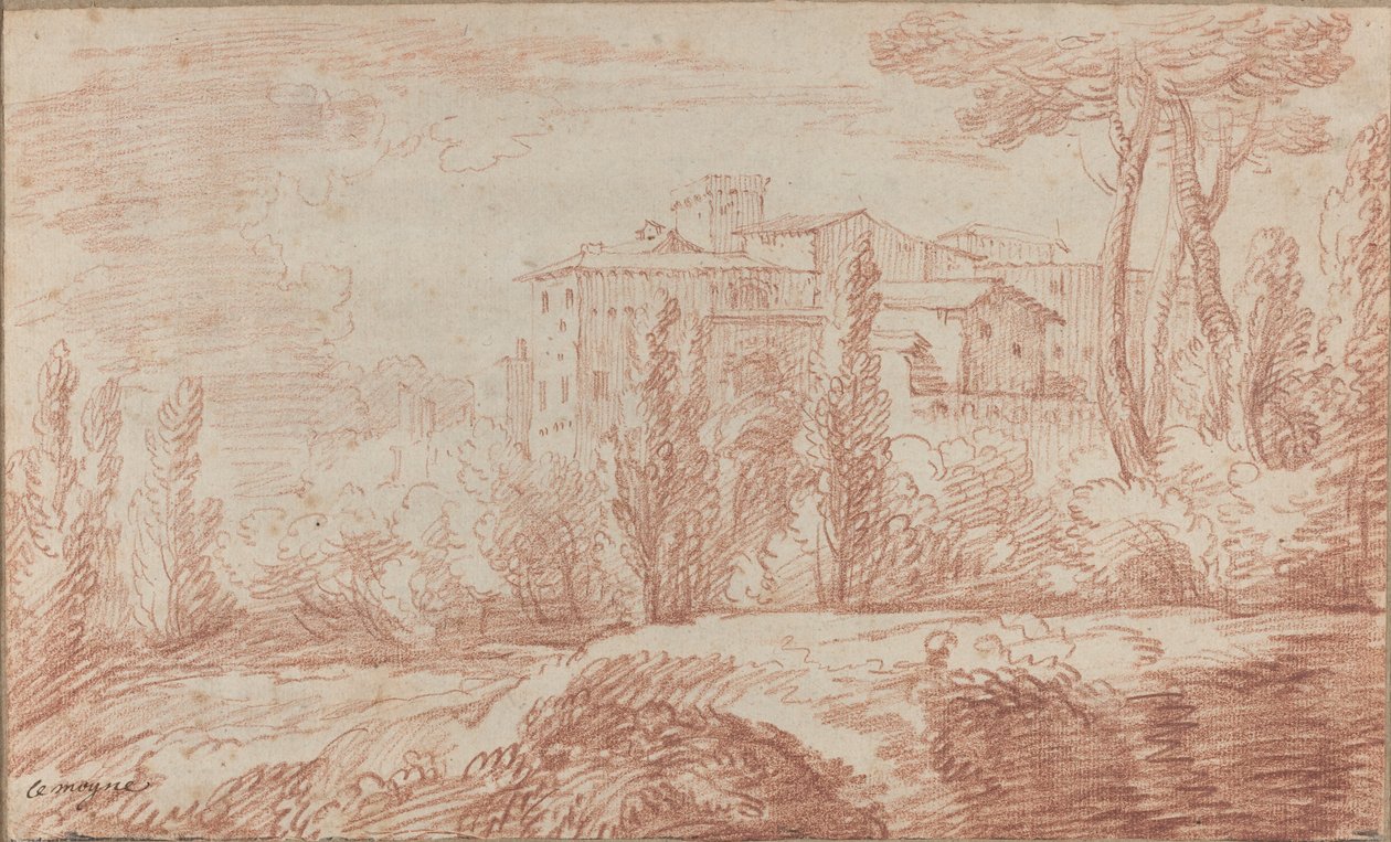 Een Italiaanse ommuurde stad gezien door bomen door François Le Moyne