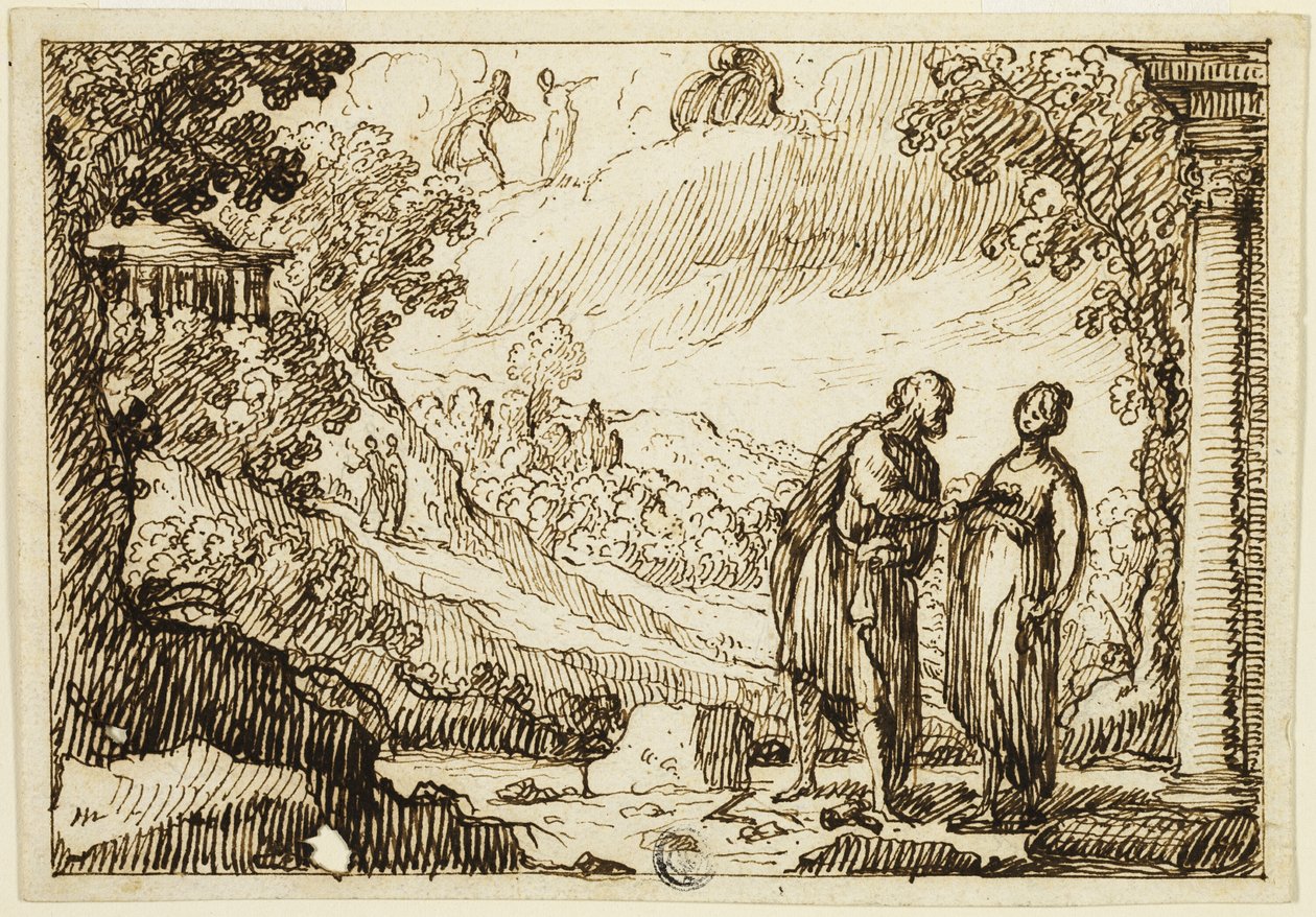 Ongeïdentificeerde mythologische scène met converserende man en vrouw in klassiek landschap door François Roëttiers