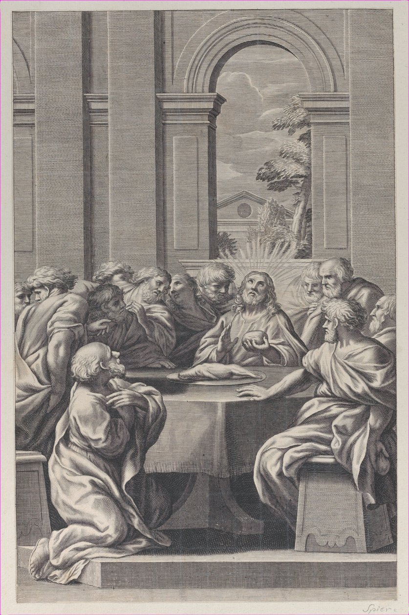 Het laatste avondmaal, het interieur van een klassiek gebouw met Christus en zijn apostelen (detail) door François Spierre