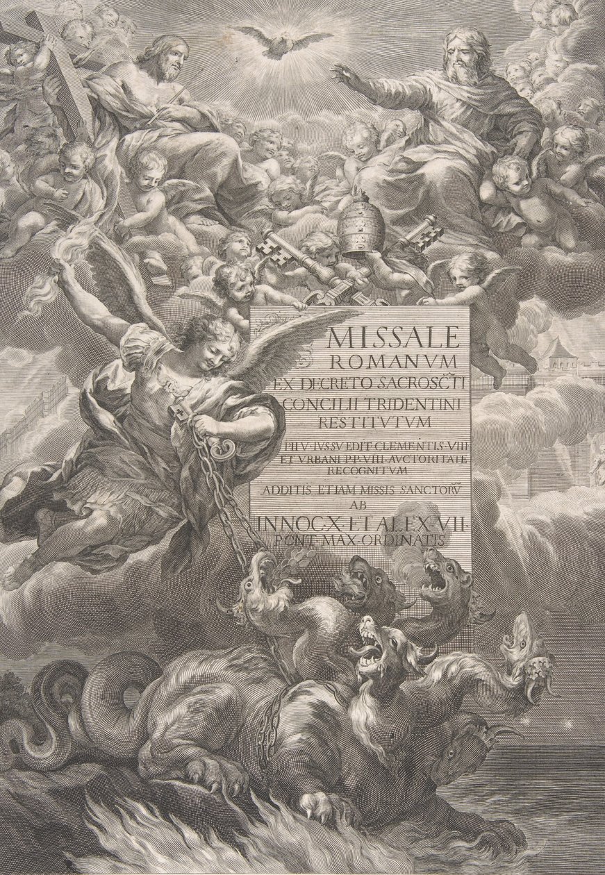 De heilige drie-eenheid met Sint-Michiel die een zeshoofdige draak verslaat, frontispice door François Spierre