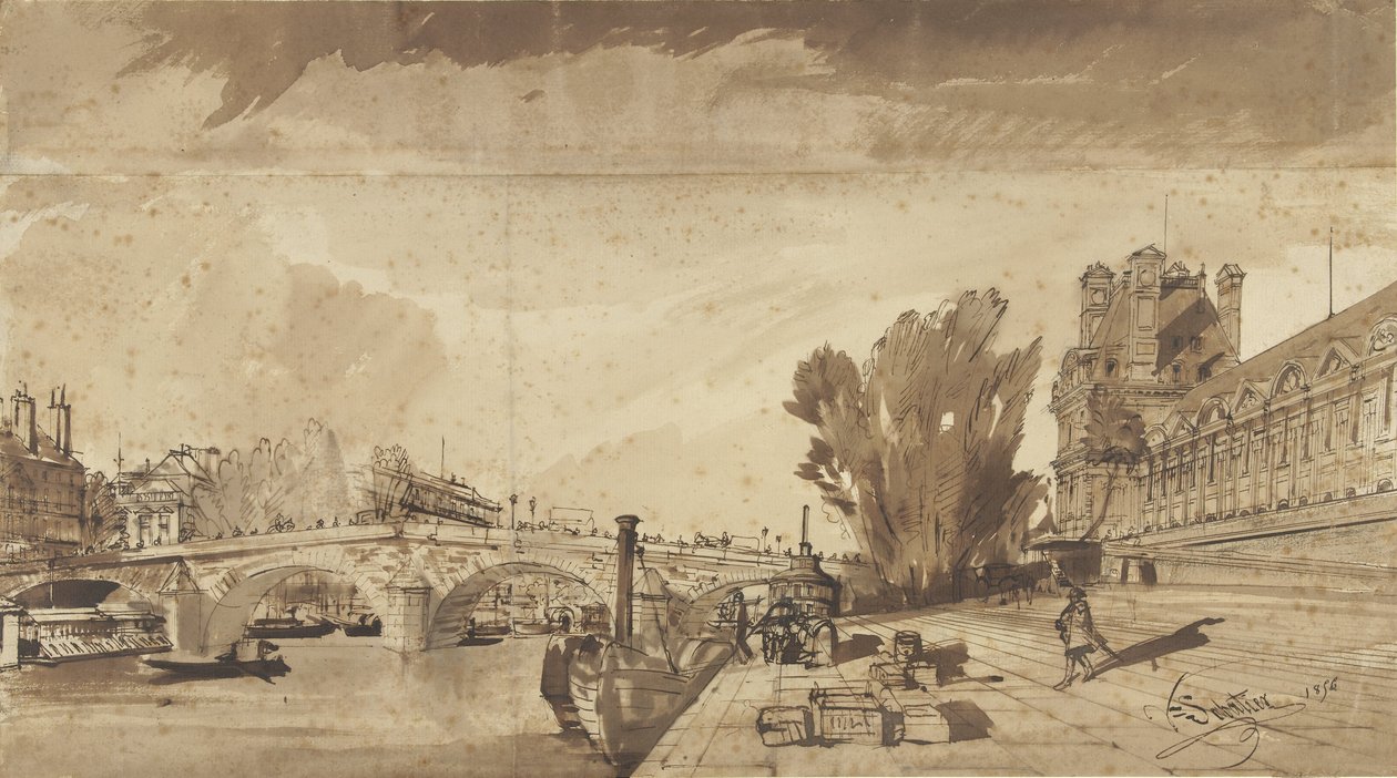 De Seine en de Pont Royal; rechts het pavillon de Flore en een vleugel van het Louvre door François Victor Sabatier