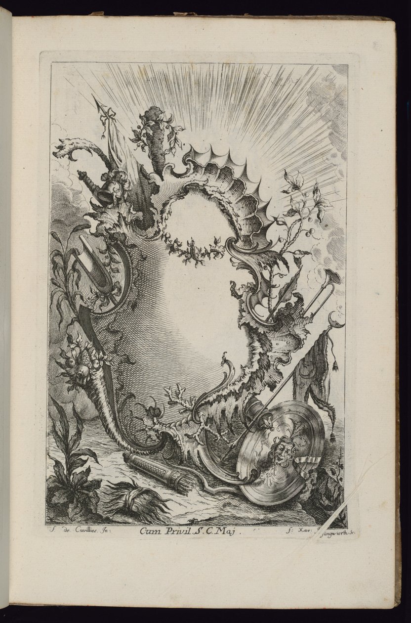 Cartouche met wapentrofee, Livre de Cartouches à divers usages (Boek van cartouches voor verschillende toepassingen) door François de Cuvilliés the Elder