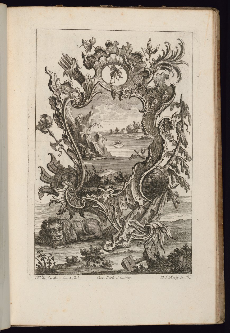 Cartouche met Carquois en Leeuw, Livre de Cartouches Irréguliers (Boek van Onregelmatige Cartouches) door François de Cuvilliés the Elder
