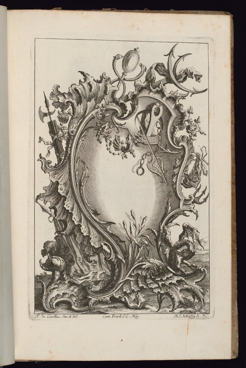 Cartouche met Mercuriusstaf, Livre de Cartouches Irréguliers (Boek van Onregelmatige Cartouches) door François de Cuvilliés the Elder