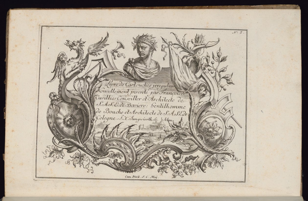 Cartouche met Portretbuste, Livre de Cartouches Irréguliers door François de Cuvilliés the Elder