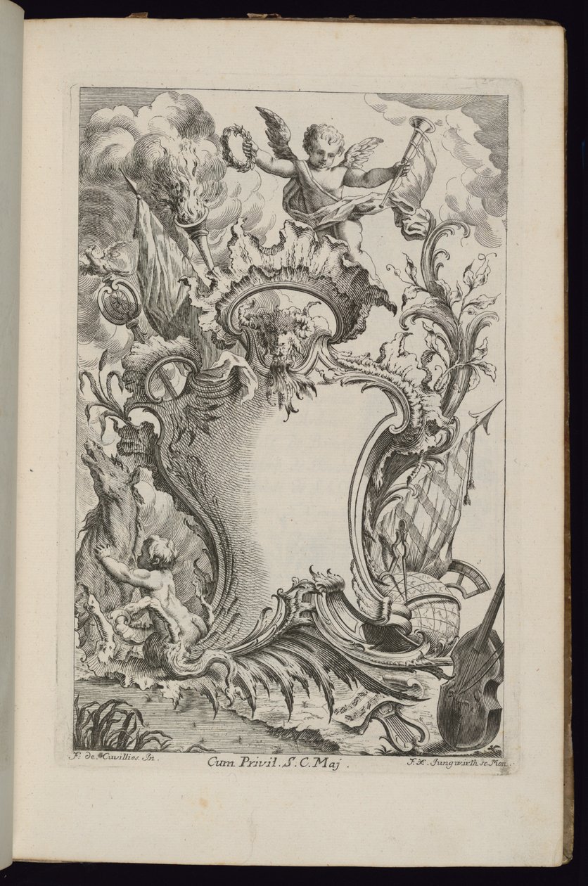 Cartouche met een Genius, Livre de Cartouches à divers usages (Boek van Cartouches voor Verschillende Gebruiken) door François de Cuvilliés the Elder