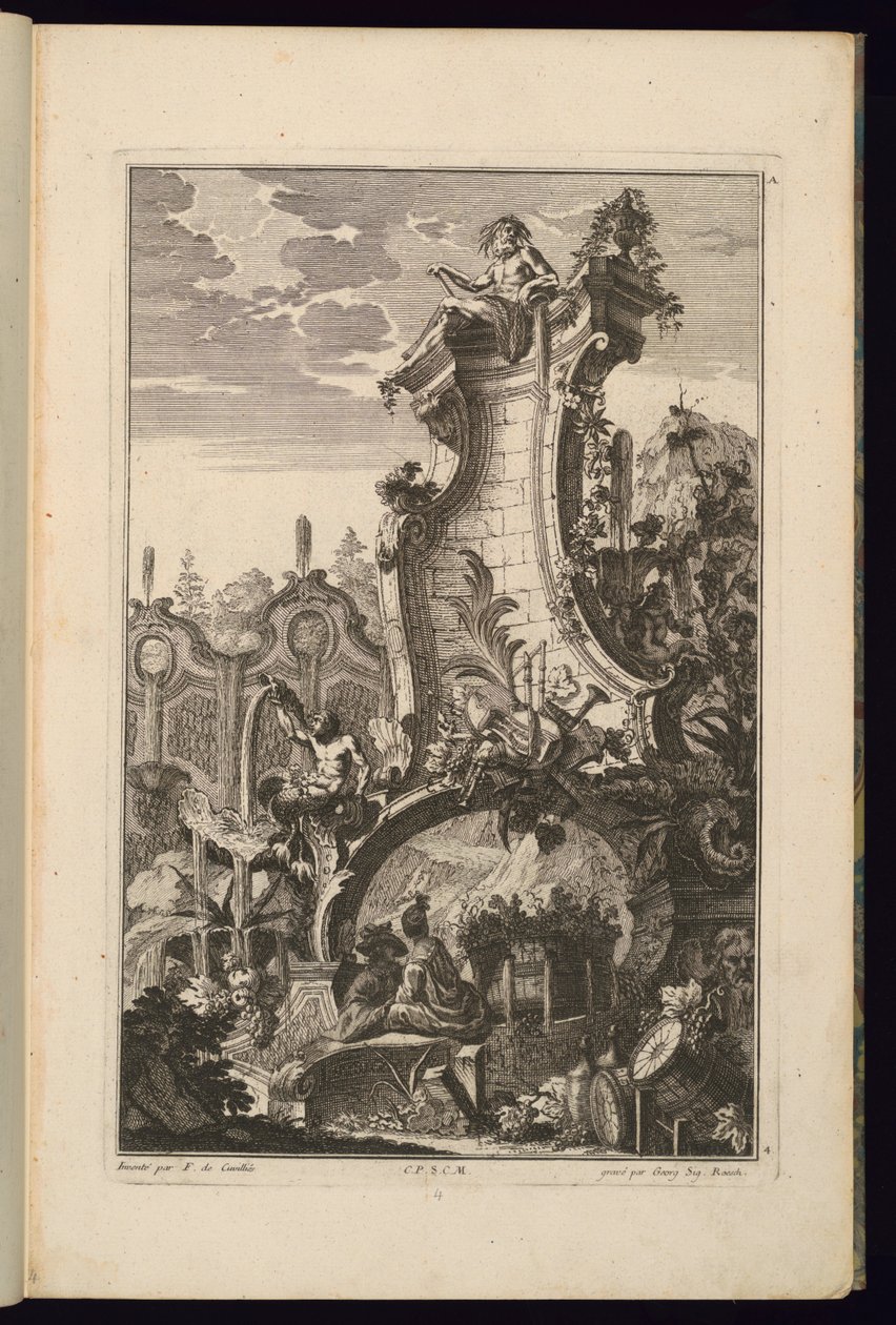 Ontwerp voor fontein met trofee van muziekinstrumenten door François de Cuvilliés the Elder