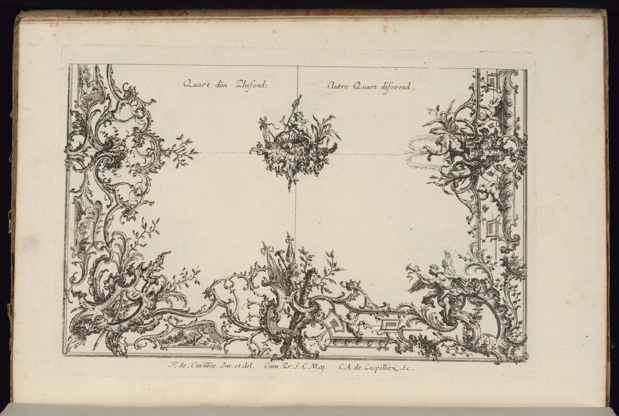 Twee kwartieren van een plafond, Nouveau Livre de Plafonds Irréguliers door François de Cuvilliés the Elder