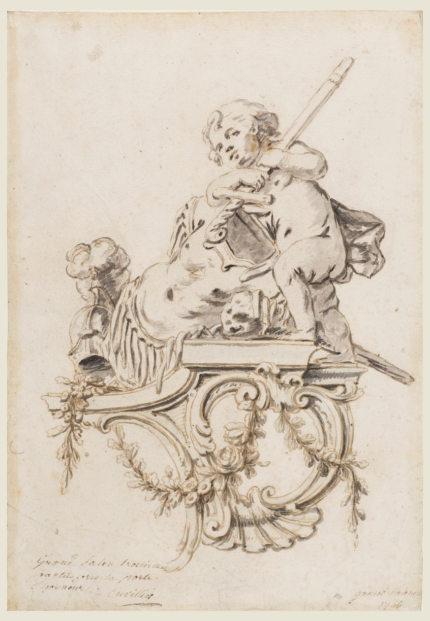 Ontwerp voor een gebeeldhouwde console met Putto vergezeld door de Attributen van Oorlog, voor het Grand Trianon, Versailles door François de Cuvilliés the younger
