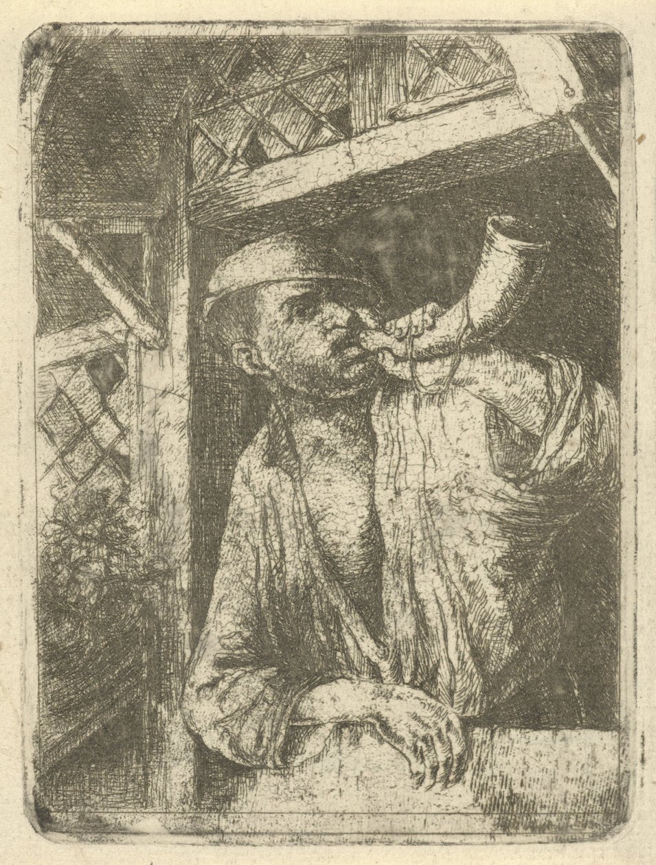 Bakker blaast op een hoorn door François de Maleck