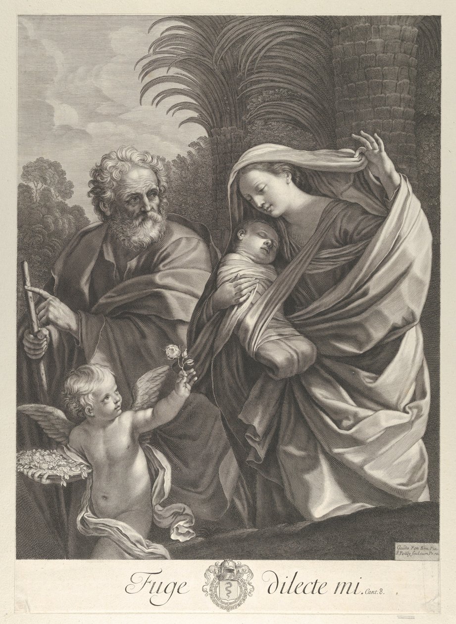 De vlucht naar Egypte, de Heilige Familie loopt samen, Sint Jozef wijst naar..., ca. 1648-81 door François de Poilly