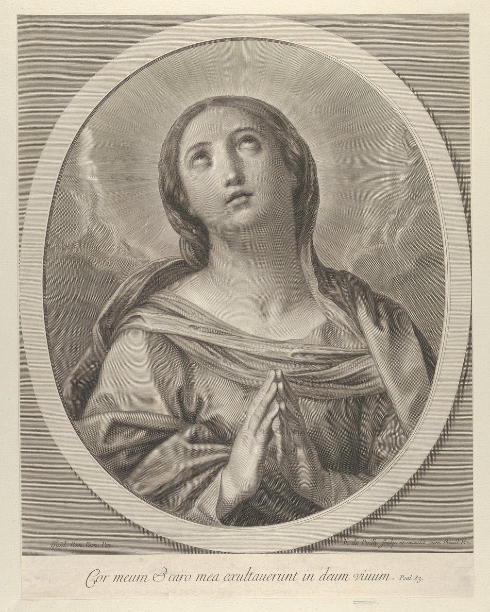 De Maagd in gebed, kijkend omhoog met wolken achter haar, in een ovaal frame, naar Reni door François de Poilly