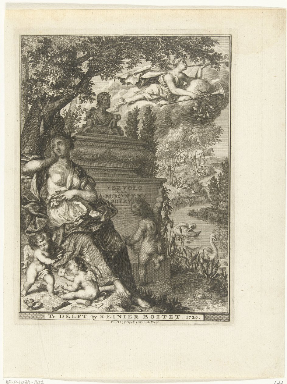 Muze en putti zitten bij grafmonument van dichter Arnold Moonen door François van Bleyswijck