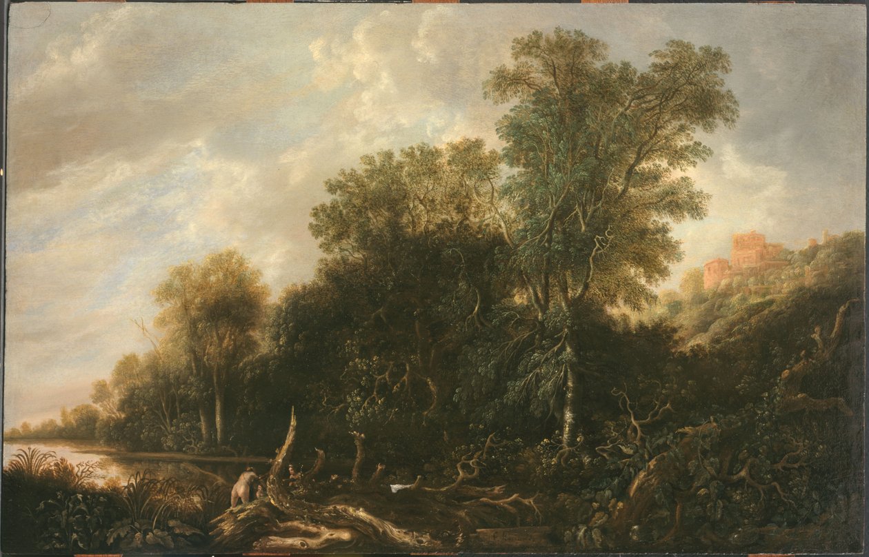 Boslandschap met badende vrouwen door François van Knibbergen