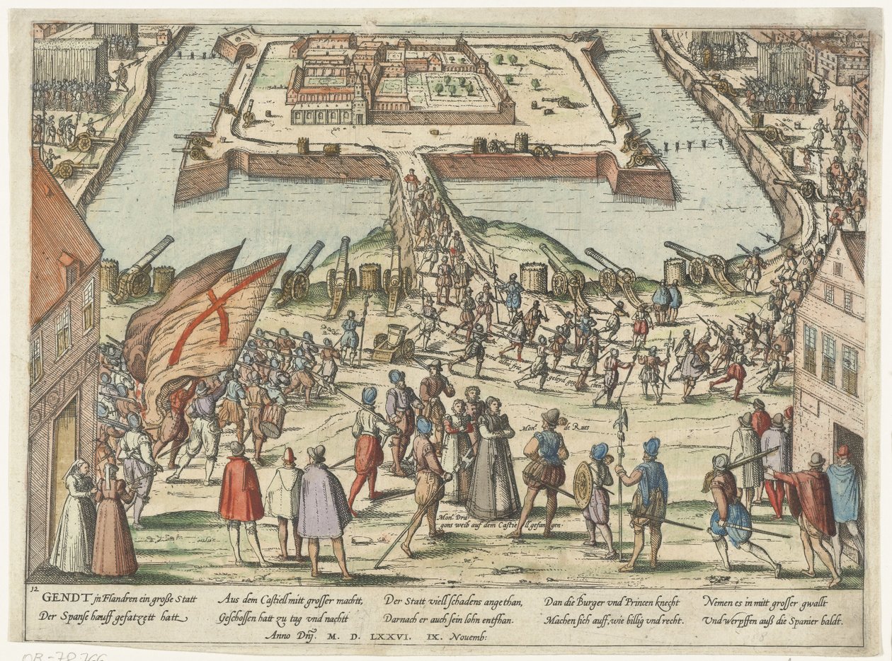 Herwonnen van de Spanjaarden uit de citadel van Gent na een belegering door het Statenleger 9 nov 1576, vooraan Mondragon en zijn vrouw door Frans Hogenberg