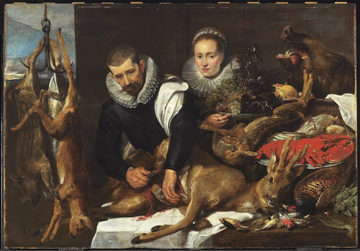 Uitbenen van een Ree met een Portret van een Getrouwd Paar door Frans Snyders or Snijders