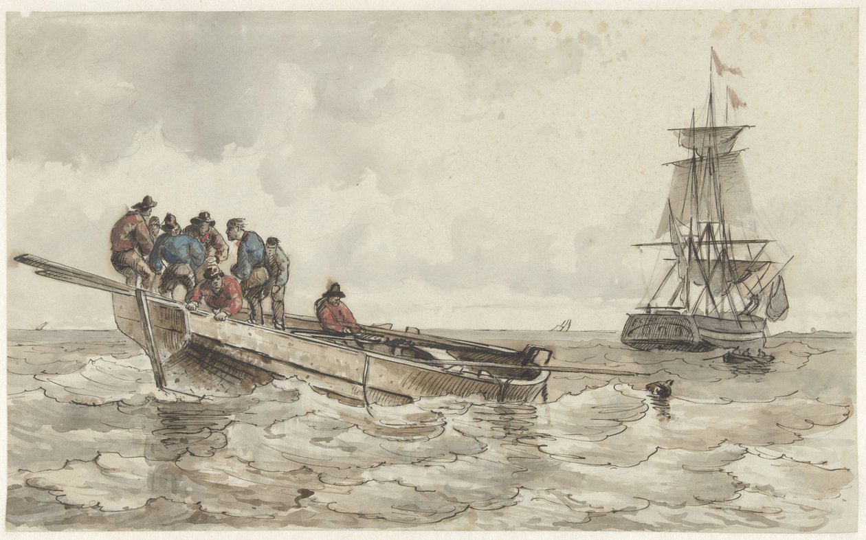 Acht mannen in een roeiboot bij een zeilschip door Frans Arnold Breuhaus de Groot