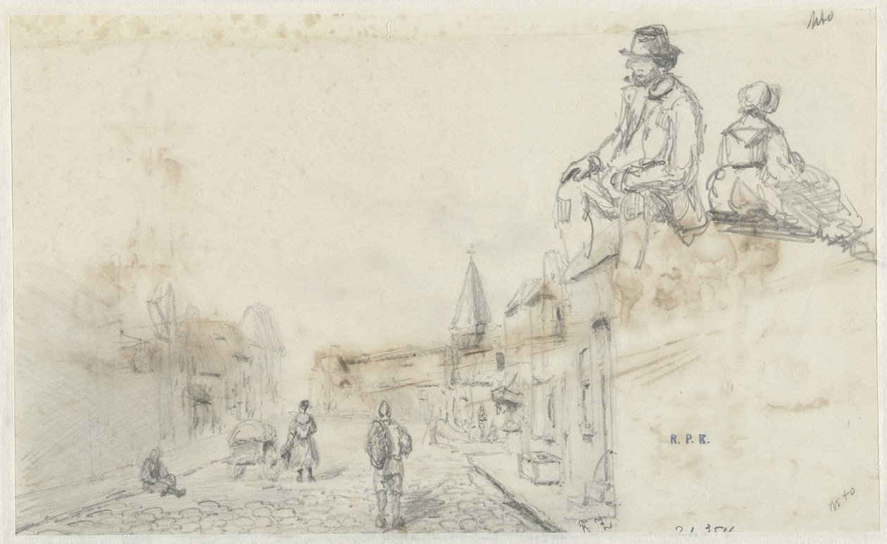 Schetsen van een straat en twee zittende personen door Frans Arnold Breuhaus de Groot
